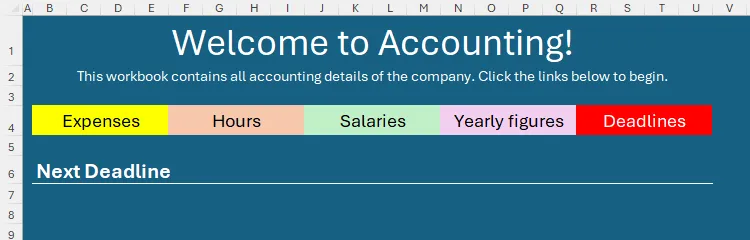 Trang chủ Excel với tiêu đề phụ 'Hạn Chót Tiếp Theo' được thêm bên dưới dải điều hướng, có đường viền trắng ở cuối ô đã gộp.