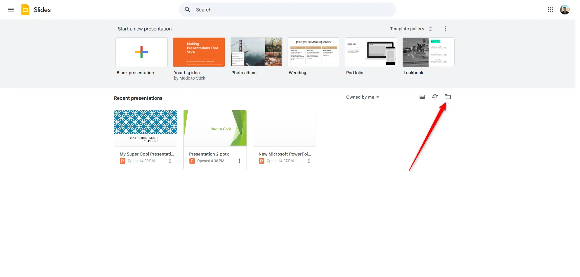 Trang chủ Google Slides với biểu tượng thư mục để tải lên file