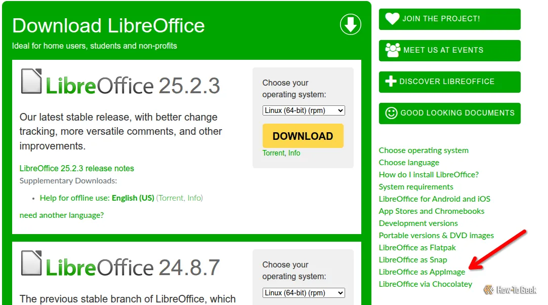 Trang tải xuống của LibreOffice với mũi tên chỉ rõ liên kết tải về phiên bản AppImage, hướng dẫn tìm kiếm ứng dụng AppImage chính thức.