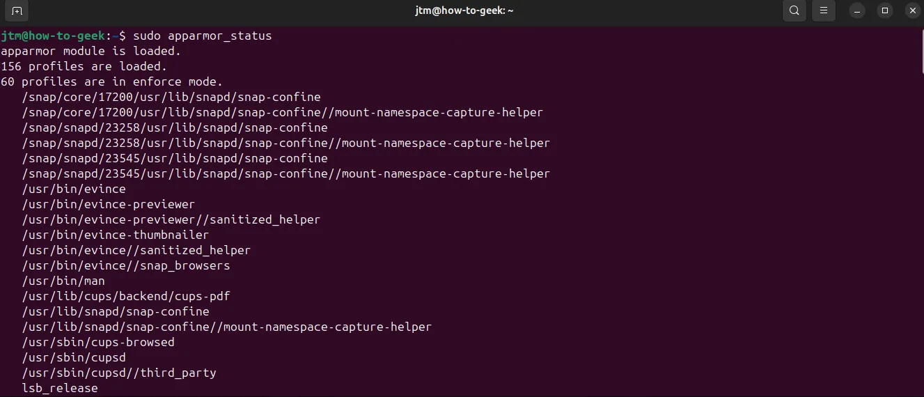Trạng thái hoạt động của AppArmor trên Ubuntu hiển thị qua lệnh apparmor_status.
