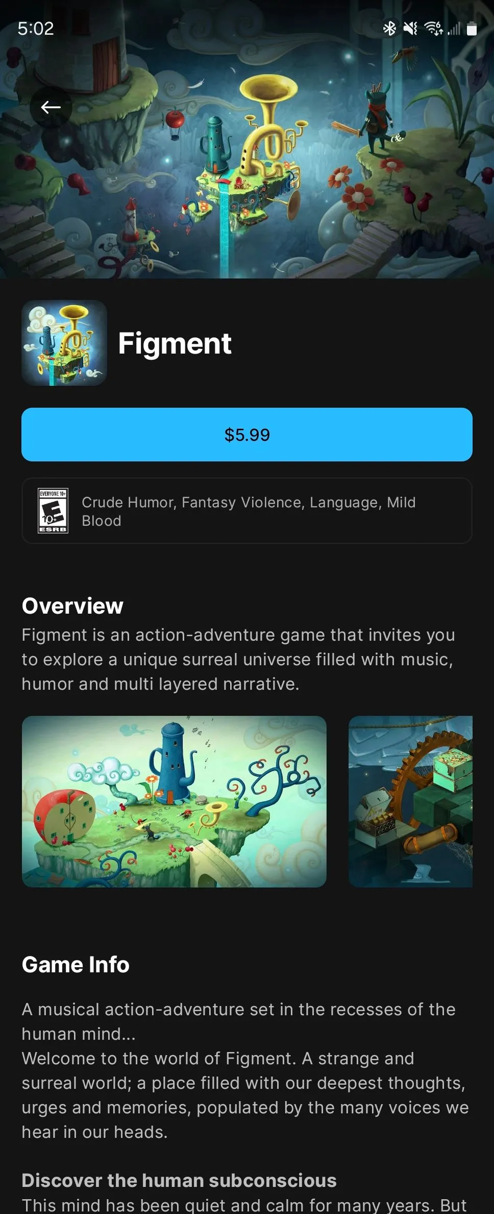 Trang thông tin game Figment trên Epic Games Store dành cho thiết bị Android.