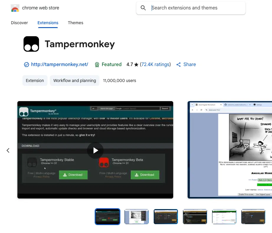 Trang tiện ích mở rộng Chrome dành cho Tampermonkey.