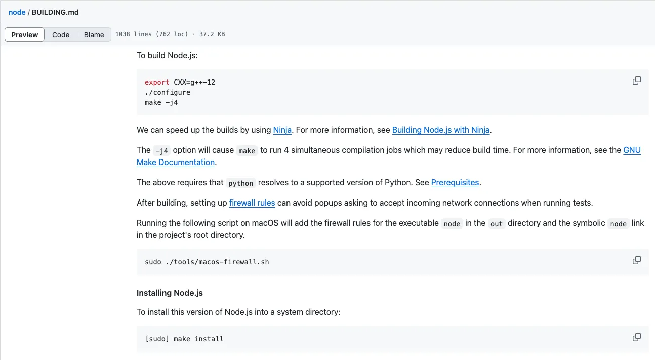 Trích đoạn từ file BUILDING.md của Node.js hướng dẫn quy trình biên dịch configure, make, make install.