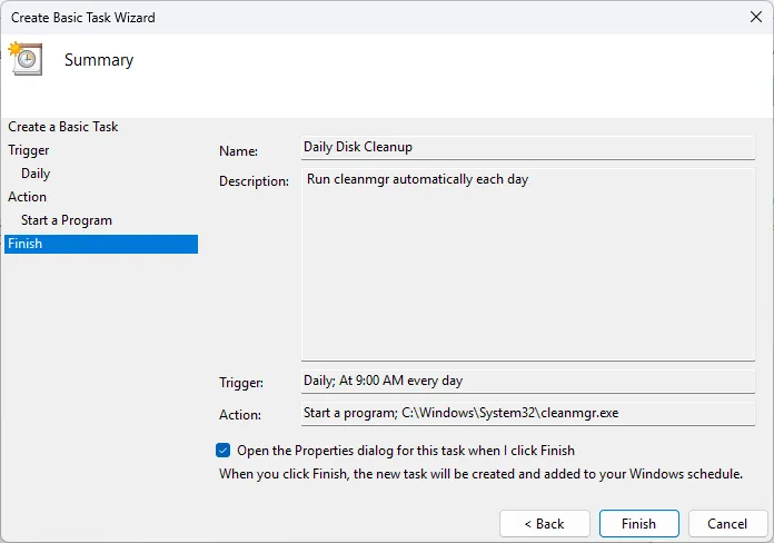 Trình hướng dẫn tạo tác vụ cơ bản trong Task Scheduler, hiển thị các bước thiết lập một tác vụ mới để tự động hóa công việc.