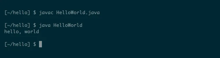 Trình thông dịch Java chạy chương trình Hello World, hiển thị kết quả &quot;hello, world&quot; trên cửa sổ terminal.