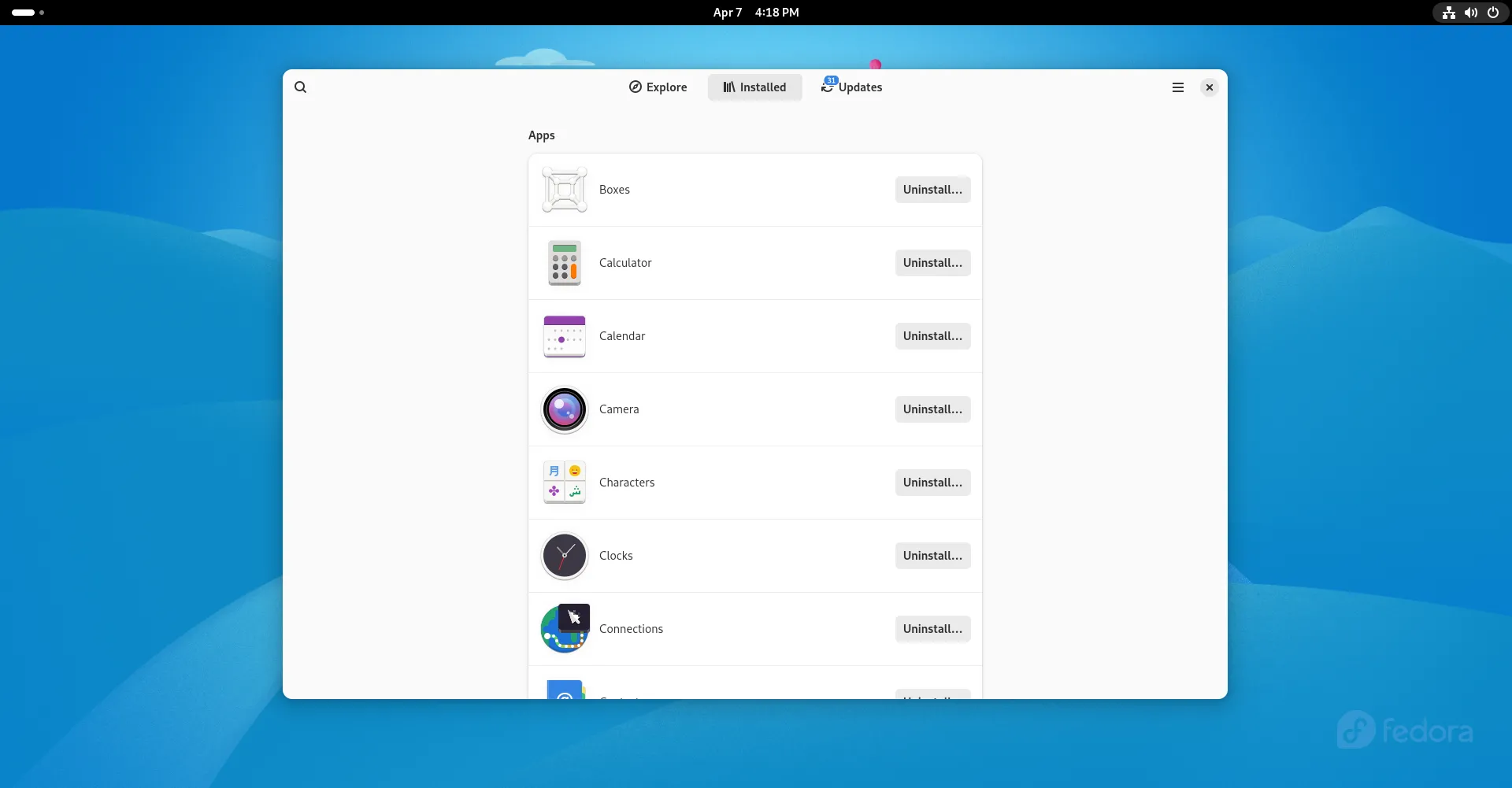 Trung tâm phần mềm GNOME hiển thị tất cả phần mềm đã cài đặt trên hệ thống Fedora, giúp người dùng quản lý ứng dụng.