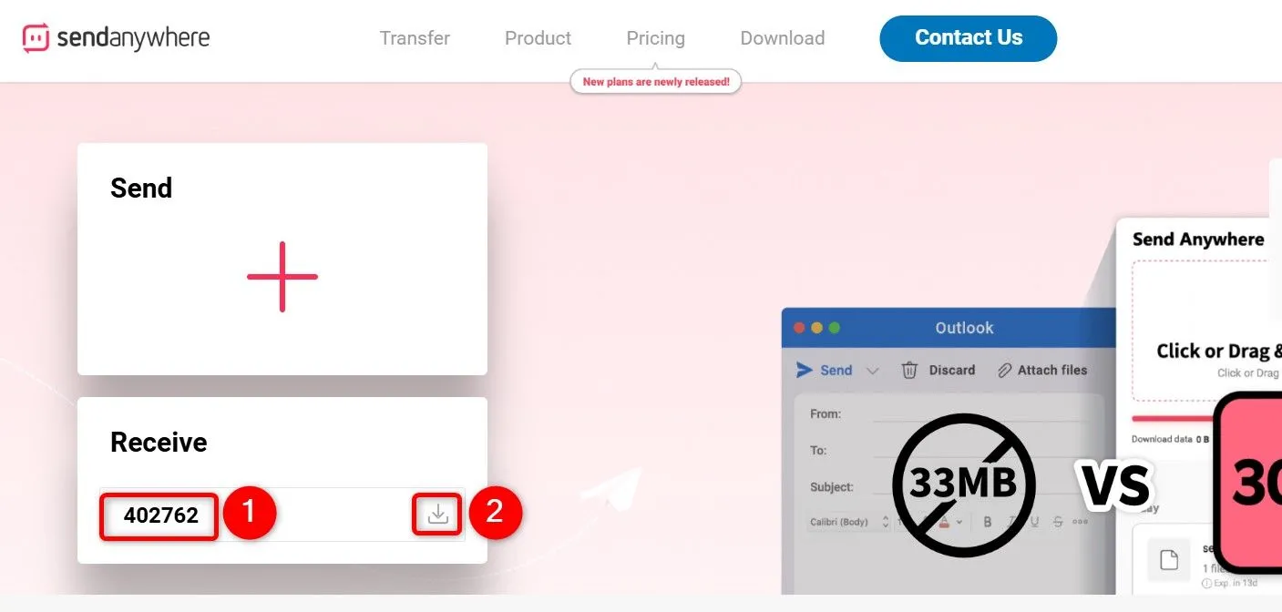 Trường &quot;Input Key&quot; để nhập mã nhận file và biểu tượng tải xuống được đánh dấu trên Send Anywhere.