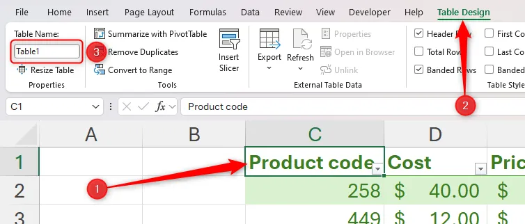 Trường Table Name trong tab Table Design của Excel được chọn để đặt tên mới cho bảng