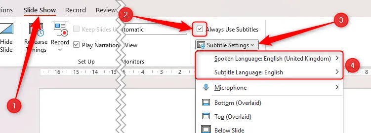 Tùy chọn 'Always Use Subtitles' (Luôn dùng Phụ đề) được chọn trong Microsoft PowerPoint, với ngôn ngữ nói và ngôn ngữ phụ đề đều được đặt là tiếng Anh.