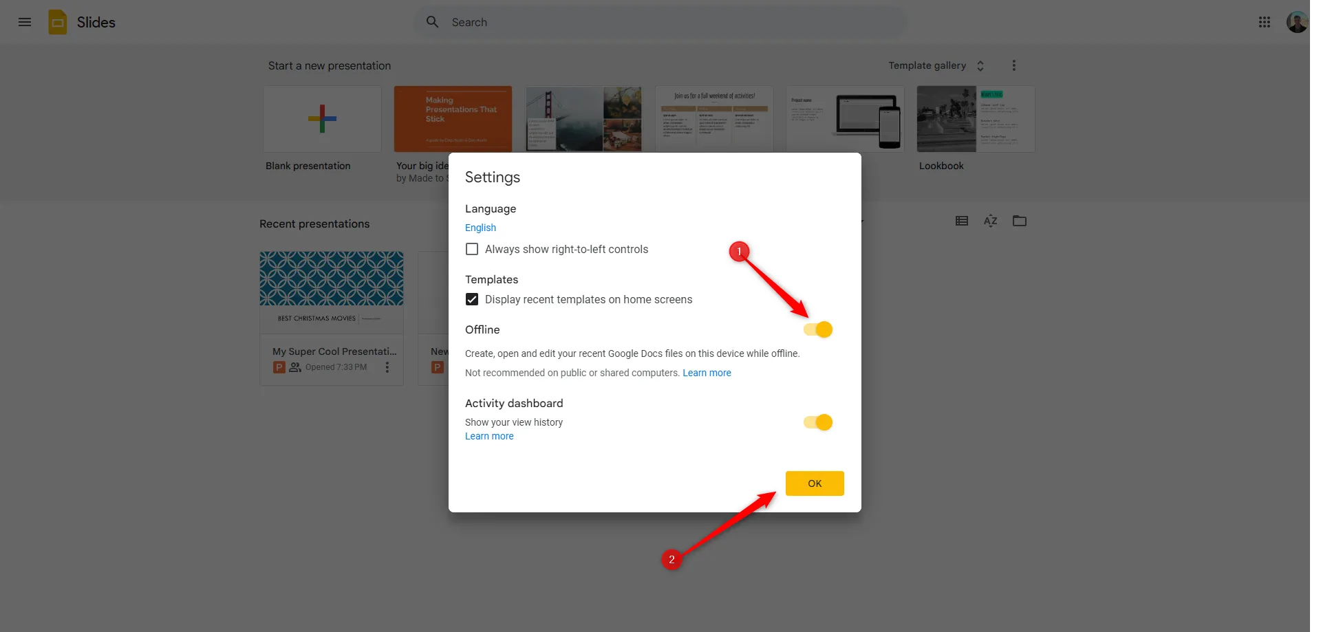 Tùy chọn Bật chế độ ngoại tuyến trong cài đặt Google Slides