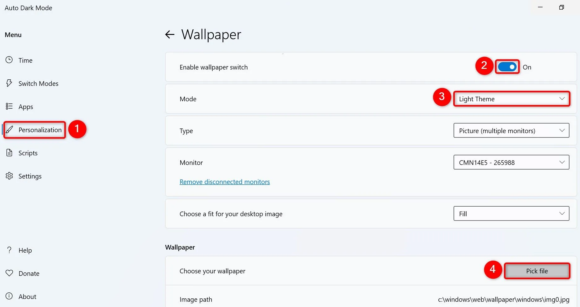 Tùy chọn cá nhân hóa để bật tính năng tự động đổi hình nền trong Auto Dark Mode