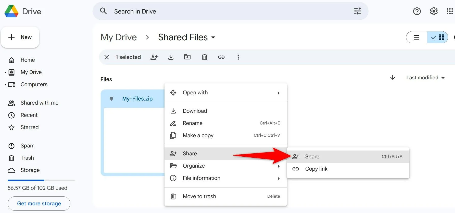 Tùy chọn &quot;Chia sẻ&quot; được đánh dấu khi nhấp chuột phải vào file trên Google Drive để chia sẻ dữ liệu.