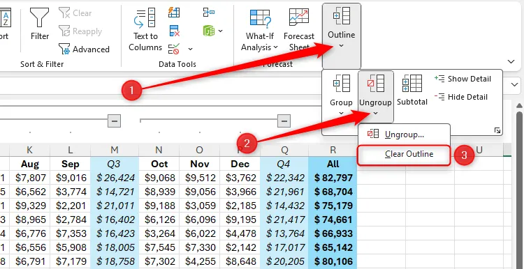 Tùy chọn Clear Outline (Xóa dàn bài) trong tab Dữ liệu trên thanh Ribbon của Excel.