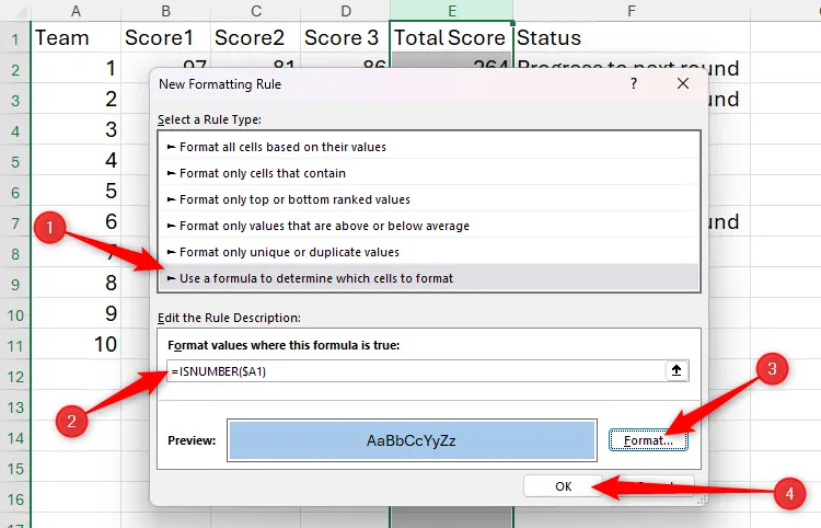 Tùy chọn công thức trong hộp thoại New Formatting Rule của Excel, với công thức ISNUMBER($A1) và màu tô xanh được chọn
