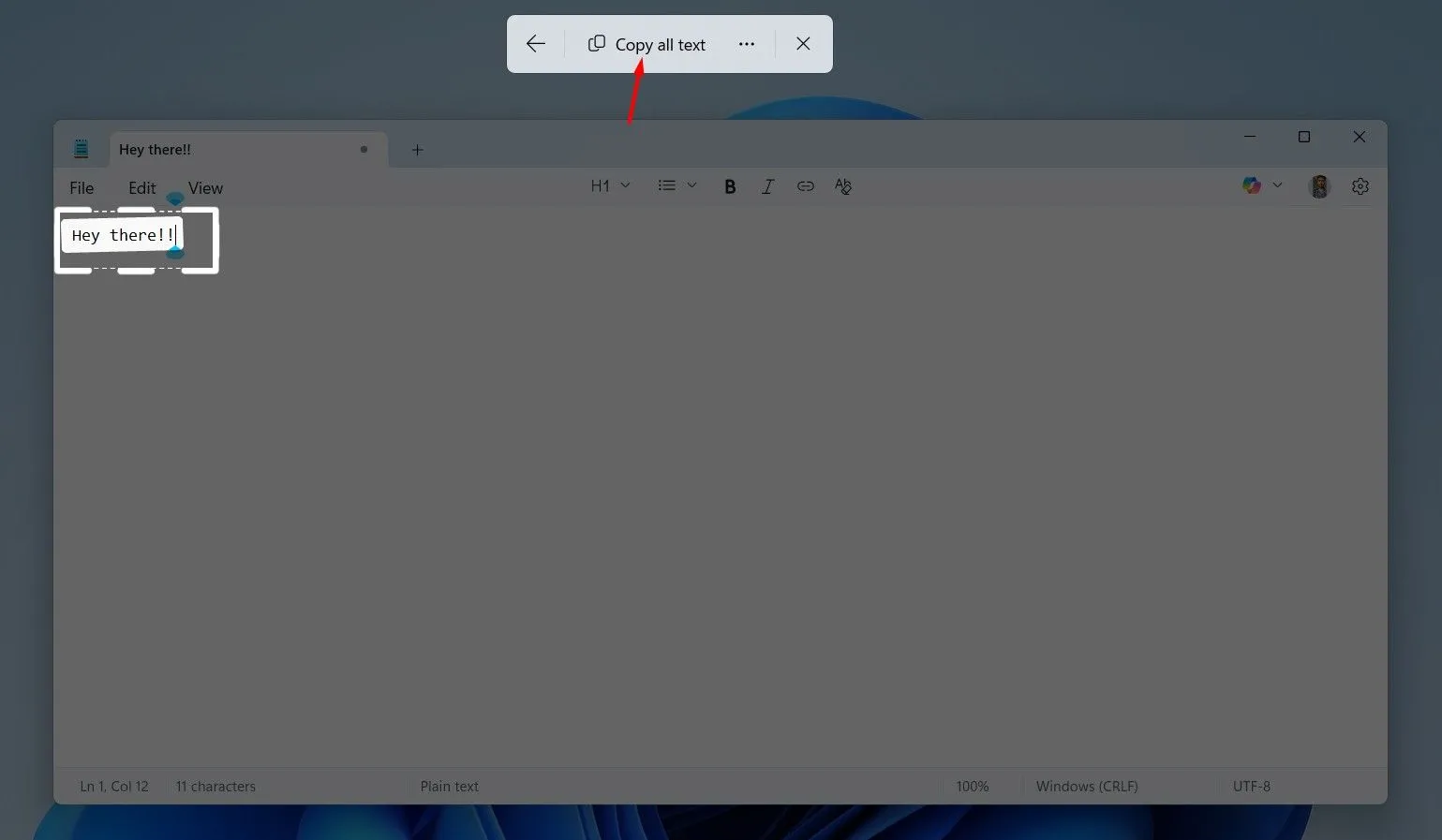 Tùy chọn 'Copy All Text' trong công cụ Snipping Tool sau khi trích xuất văn bản
