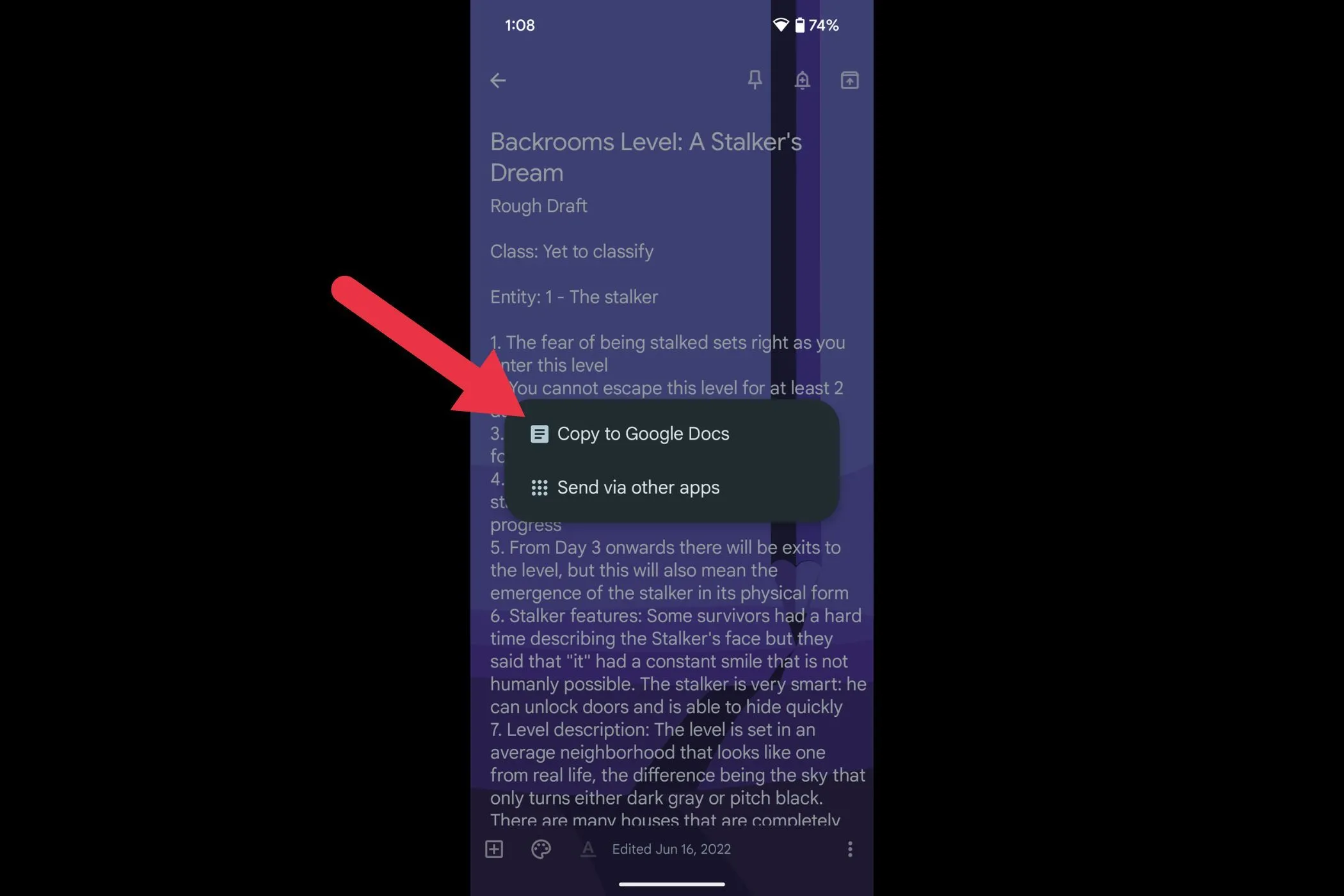 Tùy chọn &quot;Copy to Google Docs&quot; (Sao chép vào Google Docs) trong Google Keep để dễ dàng chuyển ghi chú thành tài liệu.