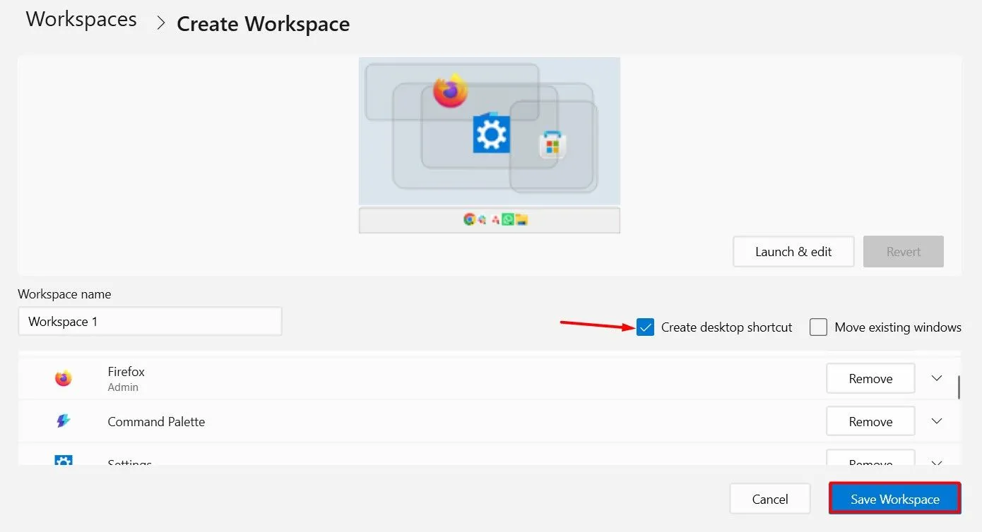 Tùy chọn 'Create Desktop Shortcut' trong trình chỉnh sửa Workspace của Microsoft PowerToys