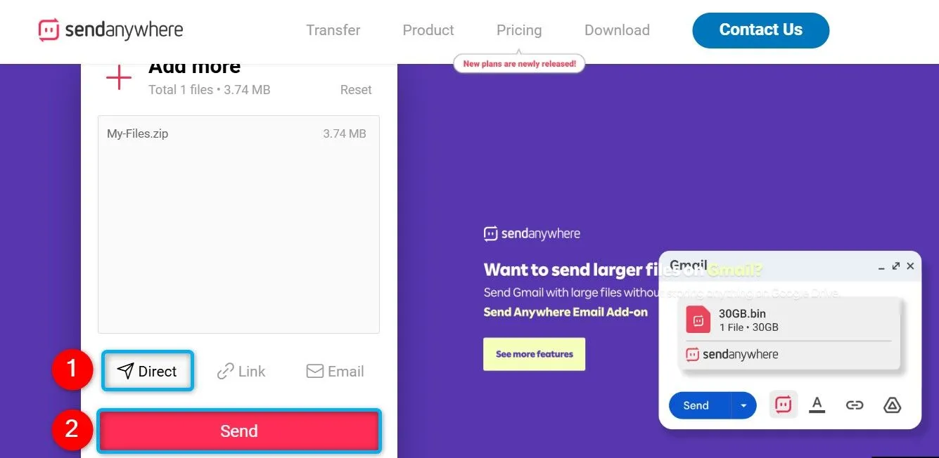 Tùy chọn &quot;Direct&quot; để chia sẻ file P2P trực tiếp trên Send Anywhere.