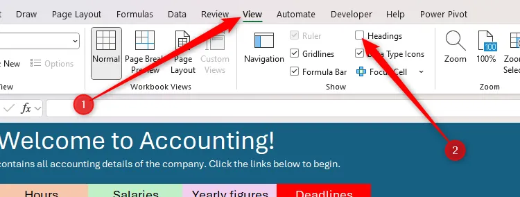 Tùy chọn 'Headings' (Tiêu đề) được bỏ chọn trong tab 'View' (Xem) trên thanh công cụ ribbon của Microsoft Excel để ẩn các tiêu đề cột và hàng.