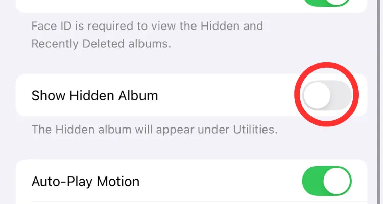 Tùy chọn Hiển thị Album Ảnh Ẩn trong cài đặt ứng dụng Ảnh