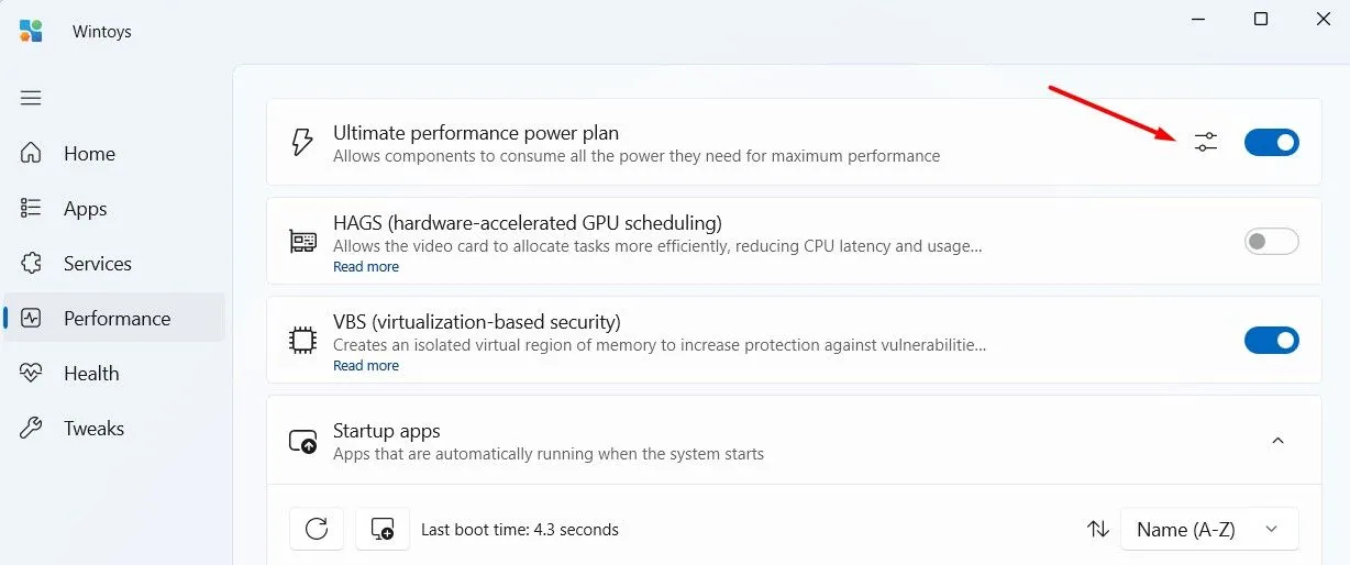 Tùy chọn kích hoạt chế độ năng lượng Ultimate Performance (Hiệu suất Tối đa) trong Wintoys để tăng cường sức mạnh cho PC.