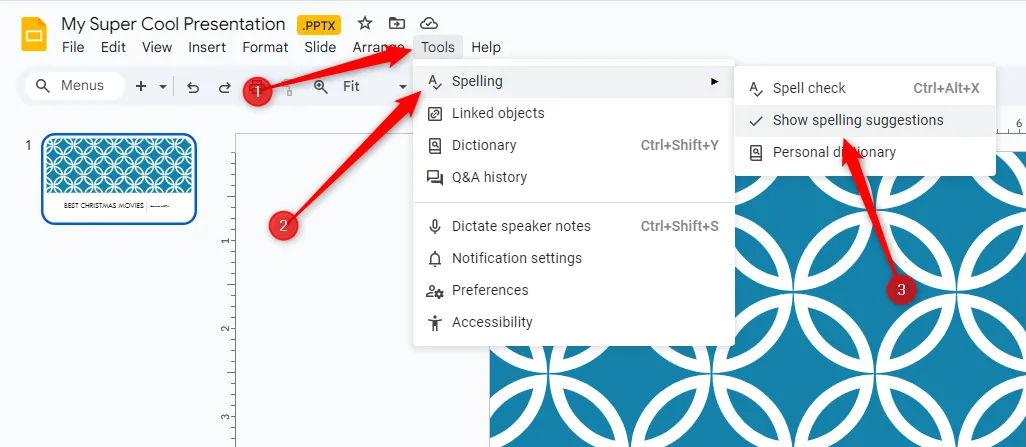 Tùy chọn kiểm tra chính tả và hiển thị gợi ý trong Google Slides