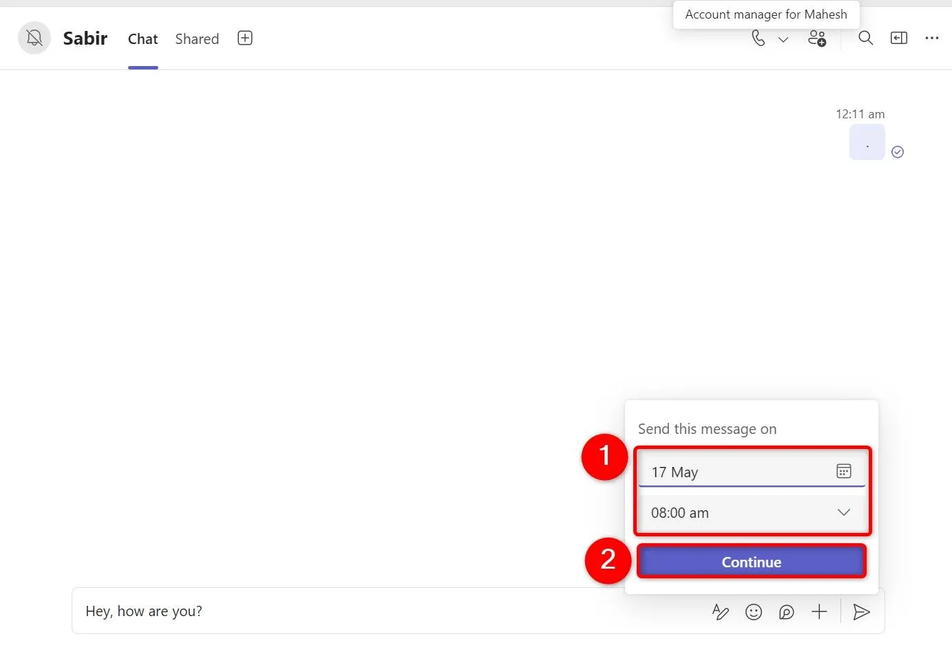 Tùy chọn lên lịch gửi tin nhắn trong Microsoft Teams, cho phép người dùng chọn thời gian gửi cụ thể.