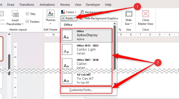 Tùy chọn phông chữ trong chế độ Slide Master của PowerPoint, bao gồm các kiểu mặc định và Tùy chỉnh Phông chữ.