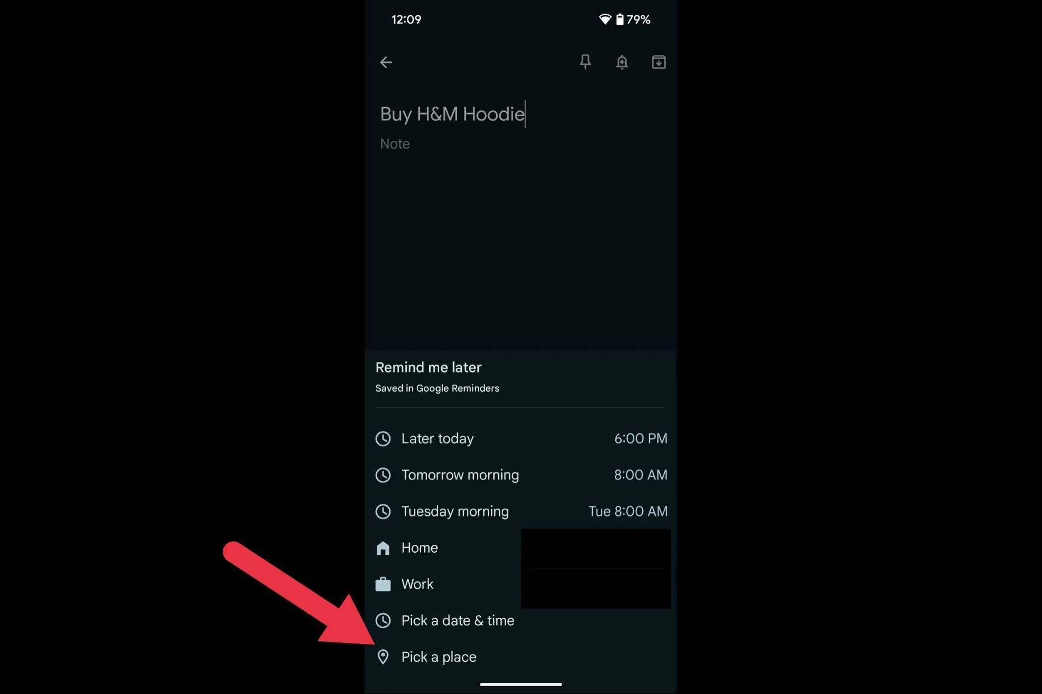Tùy chọn &quot;Pick a place&quot; (Chọn một địa điểm) trong menu nhắc nhở của Google Keep.