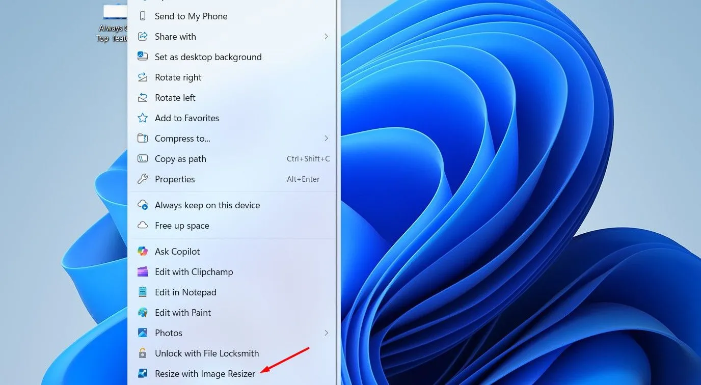 Tùy chọn 'Resize with Image Resizer' trong menu ngữ cảnh chuột phải