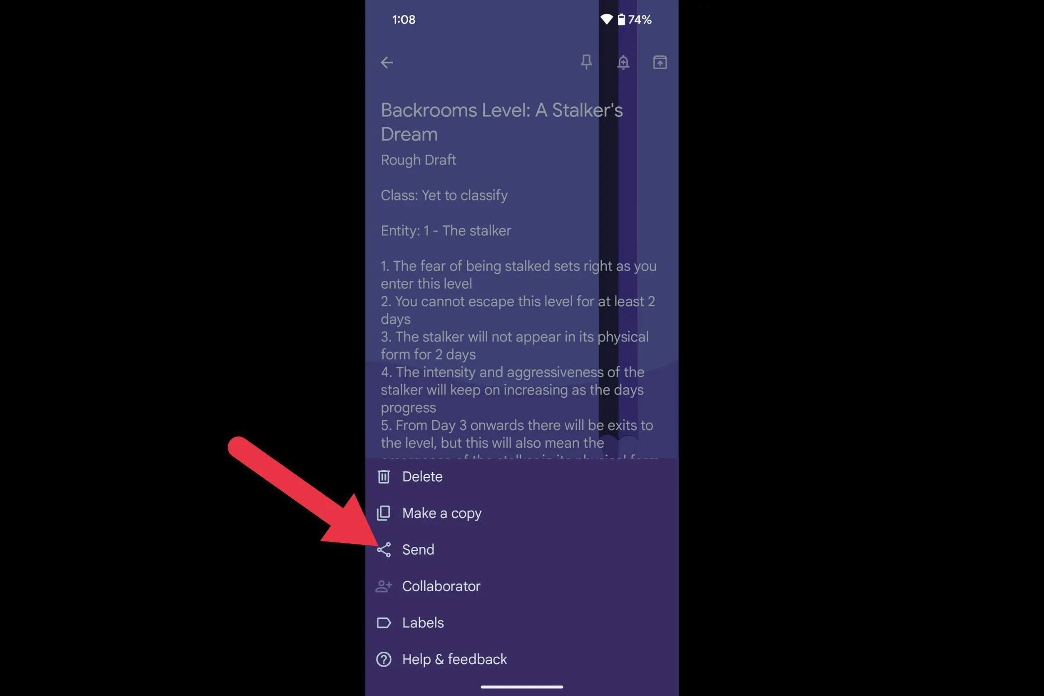Tùy chọn &quot;Send&quot; (Gửi) trong menu của Google Keep, cho phép chia sẻ hoặc chuyển ghi chú sang ứng dụng khác.