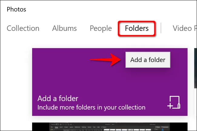 Tùy chọn &quot;Thêm Thư mục&quot; trong ứng dụng Photos của Windows 10.