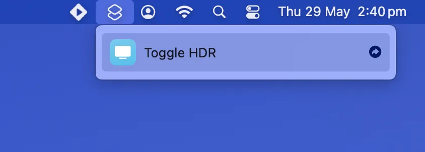 Tùy chọn Toggle HDR qua ứng dụng Phím tắt (Shortcuts) trong macOS, cho phép chuyển đổi chế độ HDR