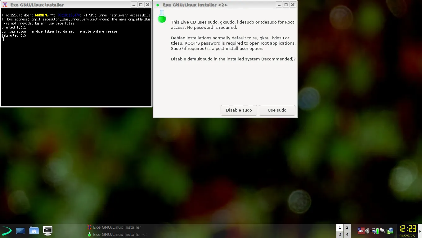 Tùy chọn vô hiệu hóa sudo trong quá trình cài đặt EXE GNU/Linux