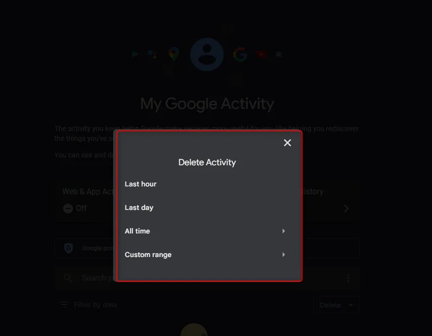 Tùy chọn xóa hoạt động của bạn trên Google theo phạm vi thời gian cụ thể