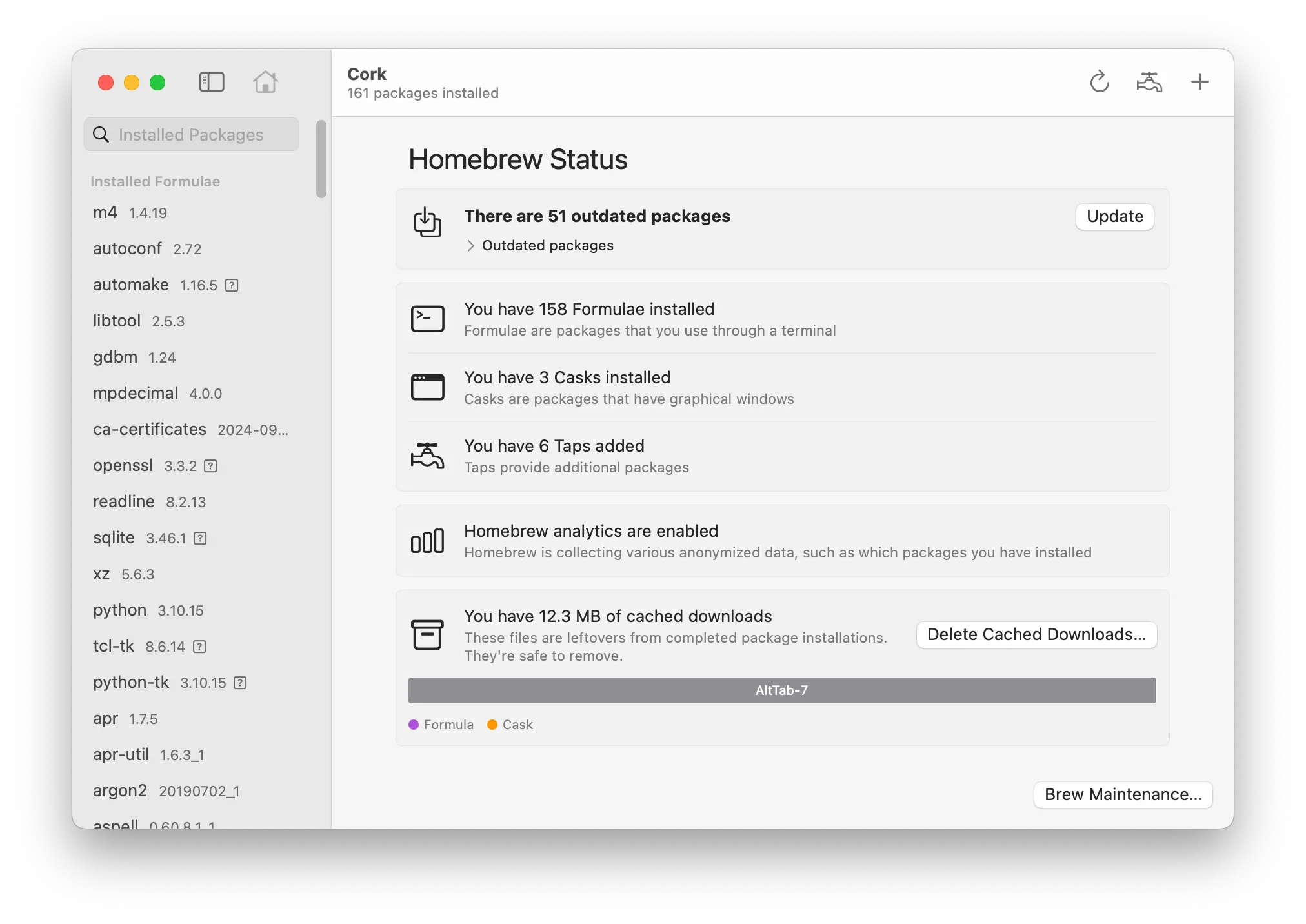 Ứng dụng Cork trên macOS hiển thị trạng thái Homebrew, bao gồm các gói lỗi thời, số lượng công thức cài đặt và tải xuống đã lưu trong bộ nhớ cache