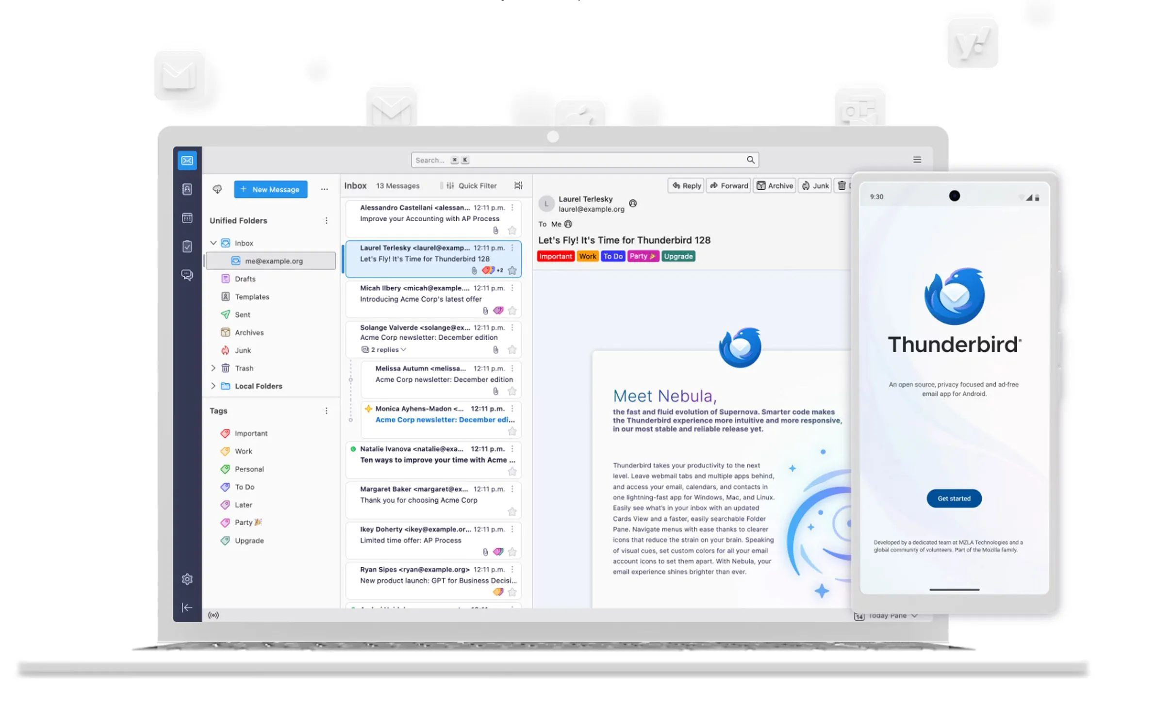 Ứng dụng email Thunderbird chạy trên laptop và logo trên điện thoại thông minh