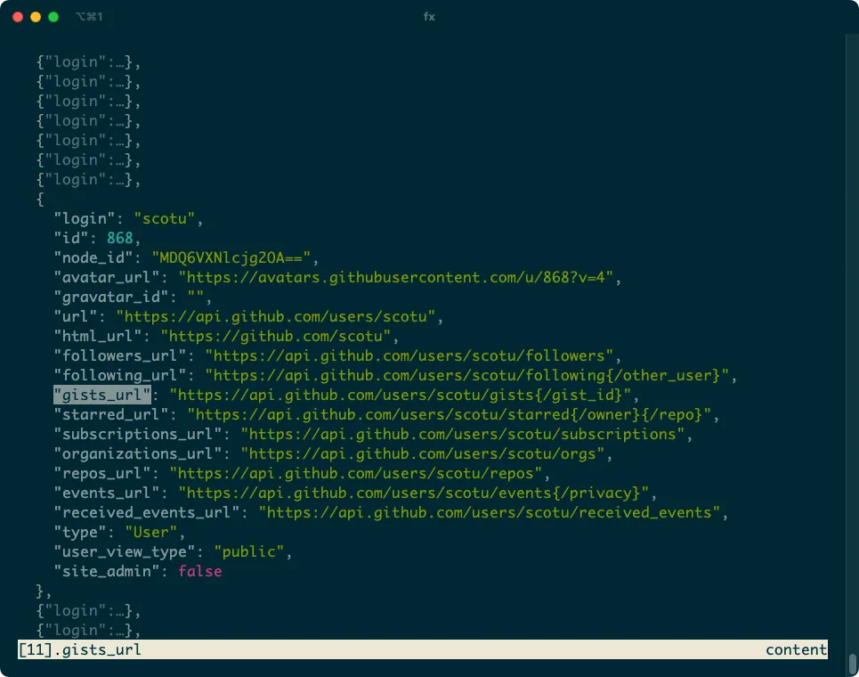 Ứng dụng Fx TUI hiển thị dữ liệu JSON dưới dạng cây, với một đối tượng được mở rộng để dễ dàng phân tích