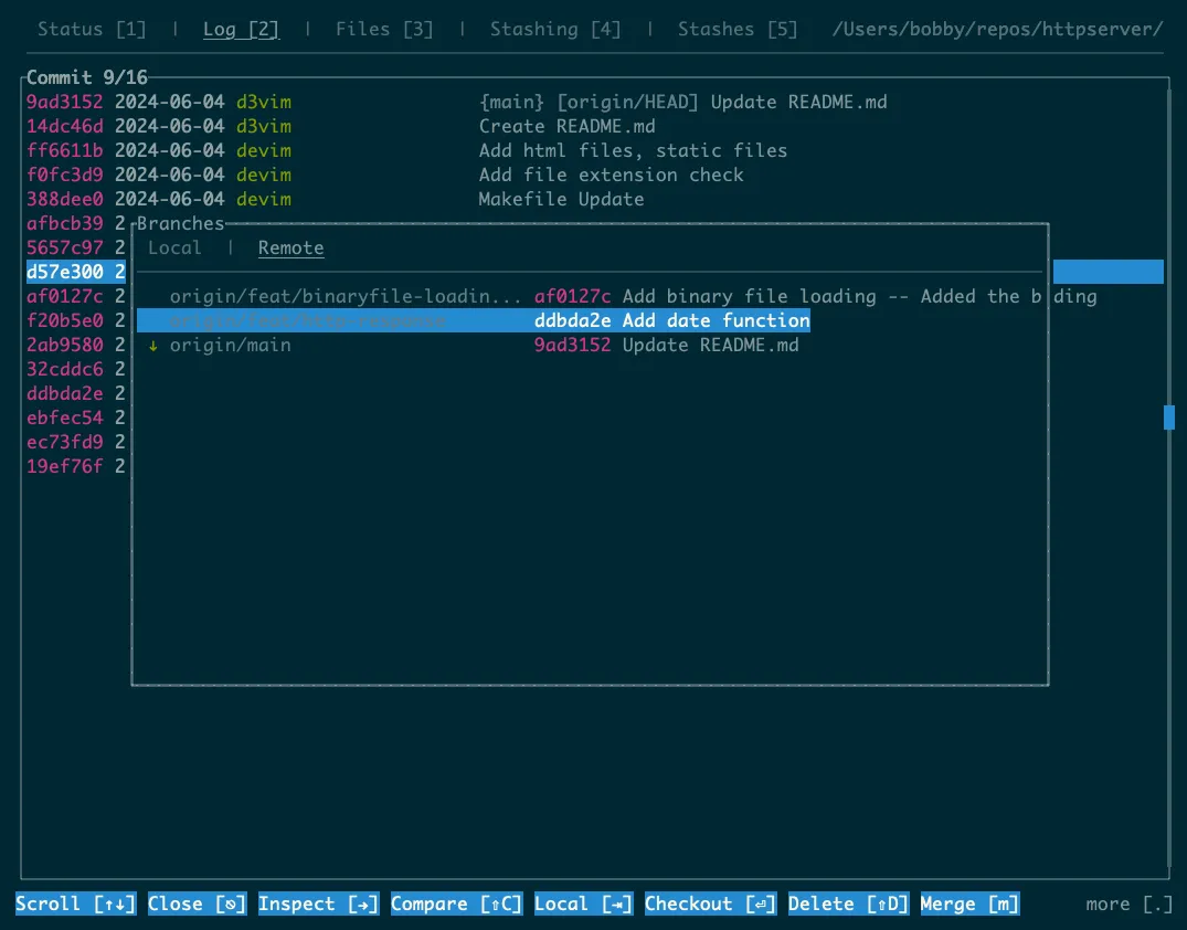 Ứng dụng GitUI TUI hiển thị danh sách các commit và cửa sổ bật lên với các nhánh remote trong kho lưu trữ Git