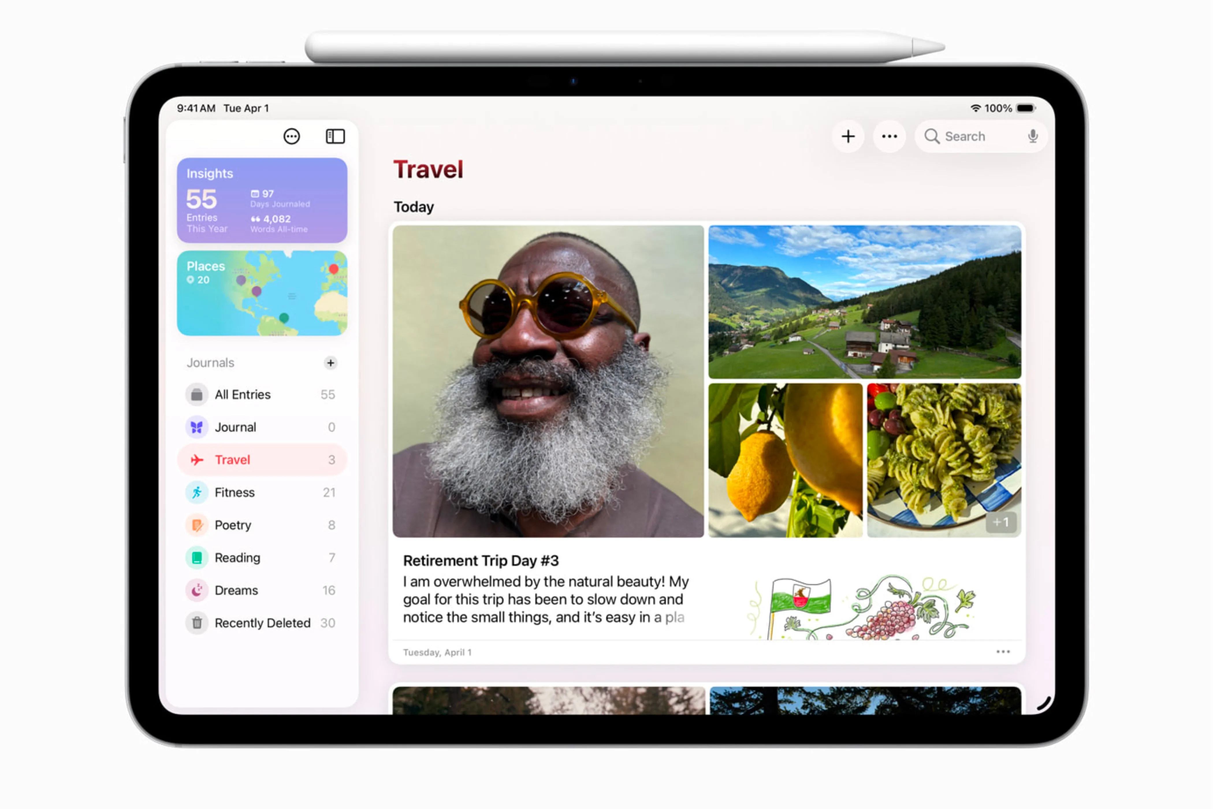 Ứng dụng Journal của Apple đang hoạt động trên iPad với màn hình lớn, cho phép nhập liệu dễ dàng hơn.