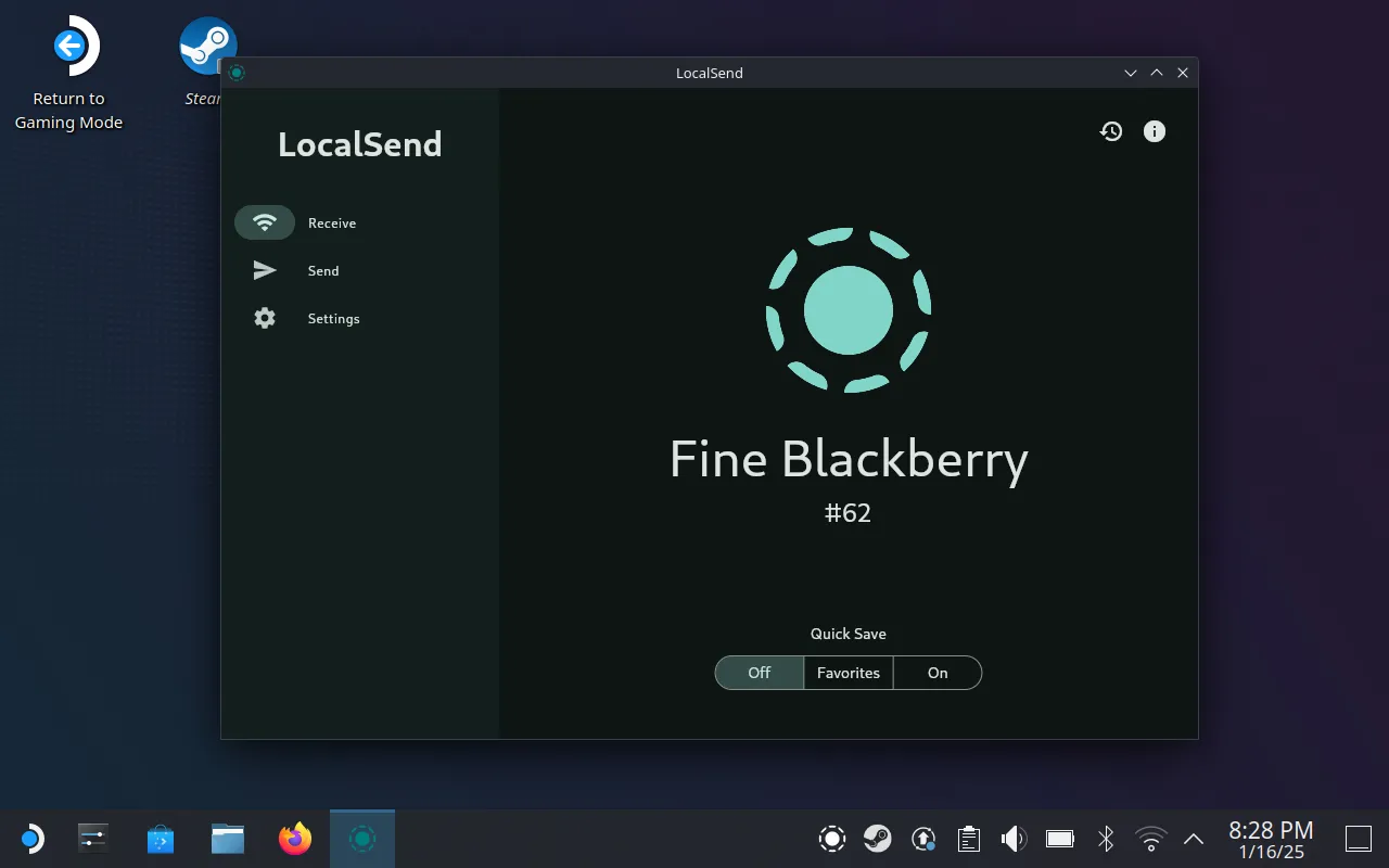 Ứng dụng LocalSend đang hoạt động trên SteamOS, minh họa khả năng chia sẻ file không dây giữa Steam Deck và các thiết bị khác.