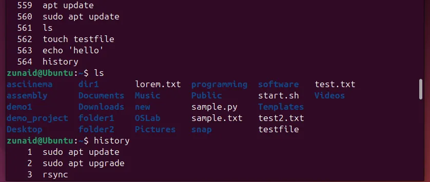 Ví dụ các lệnh Linux được lưu vào lịch sử của terminal.