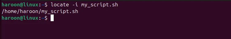 Ví dụ sử dụng lệnh locate để tìm file my_script.sh trên terminal Ubuntu