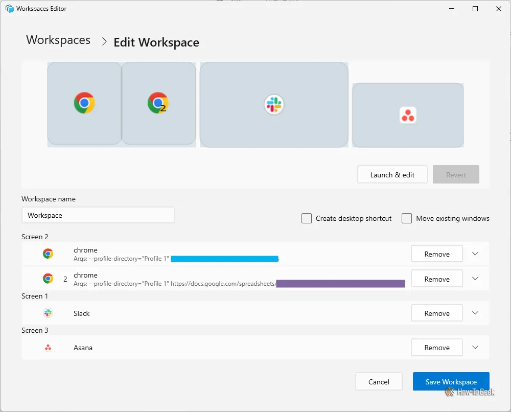 Ví dụ về bố cục Workspaces được cấu hình sẵn để tự động mở các ứng dụng và trang web cần thiết cho công việc hàng ngày.