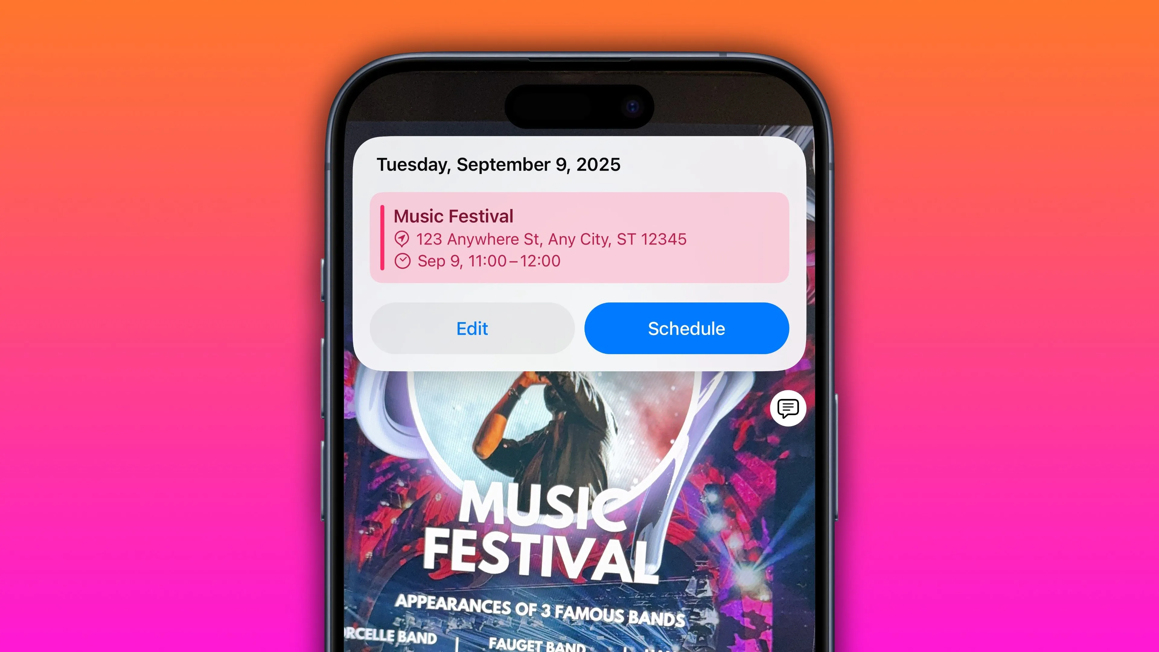Visual Intelligence trên iPhone 16 hiển thị tùy chọn thêm sự kiện từ poster hòa nhạc vào ứng dụng Lịch, minh họa tính năng thêm sự kiện thông minh của iOS 18.3.