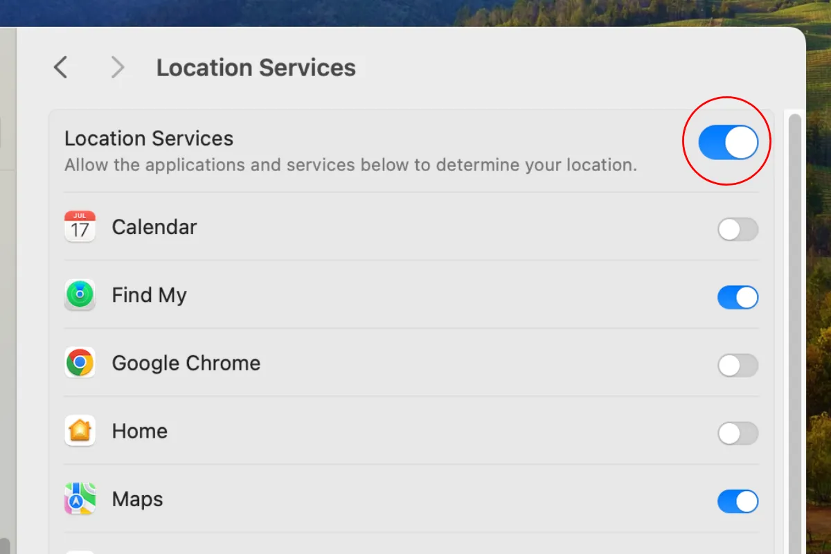 Vô hiệu hóa Dịch vụ Định vị trong cài đặt quyền riêng tư macOS