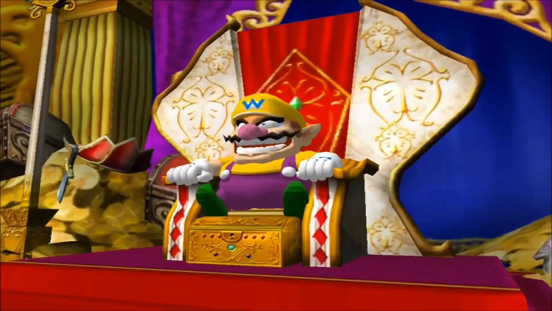 Wario ngồi trên ngai vàng với kho báu trong tựa game hành động Wario World.