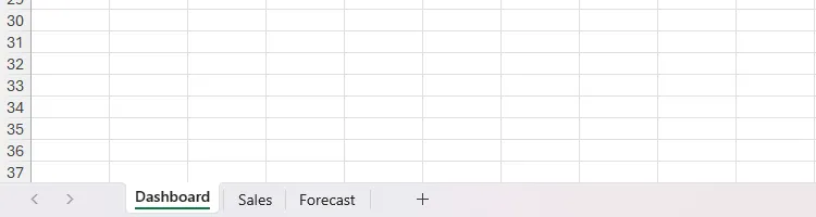 Workbook Excel với các tab sheet đã được đặt tên rõ ràng: &quot;Dashboard&quot;, &quot;Sales&quot;, &quot;Forecast&quot;, giúp dễ dàng quản lý dữ liệu