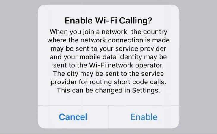 Xác nhận bạn muốn bật Wi-Fi Calling trên iPhone
