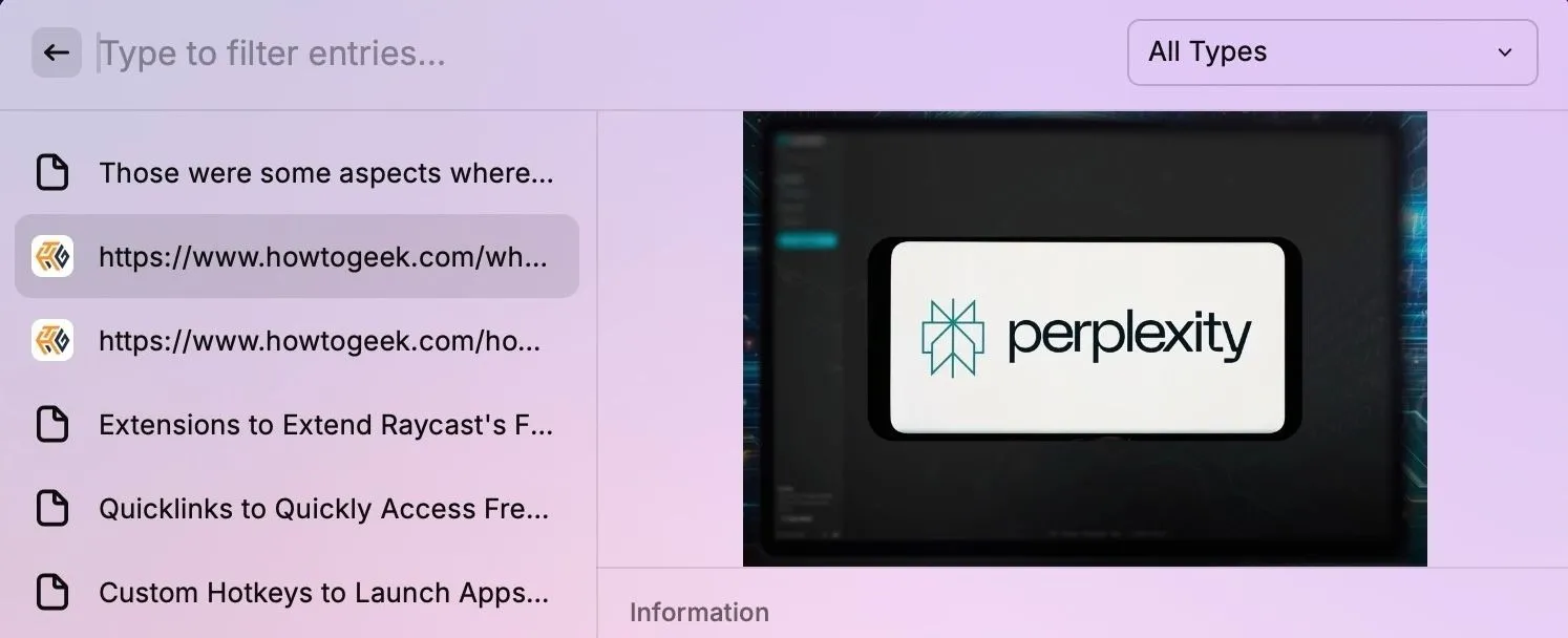 Xem lịch sử clipboard trong thanh tìm kiếm Raycast trên macOS